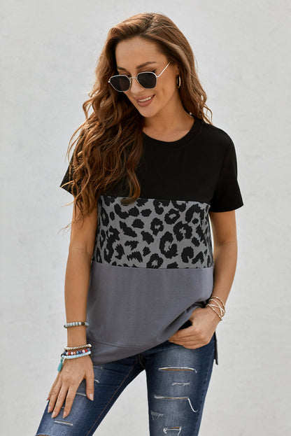 Leopard Print Color Block Short Sleeve T-Shirt-Angel Casuals