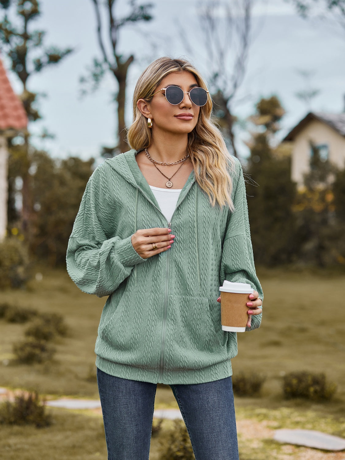 Zip Up Drawstring Long Sleeve Hooded Jacket-Angel Casuals