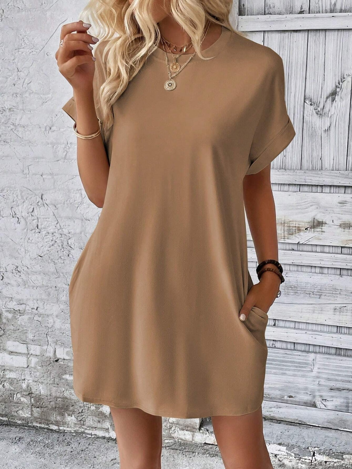 Round Neck Short Sleeve Mini Dress-Angel Casuals