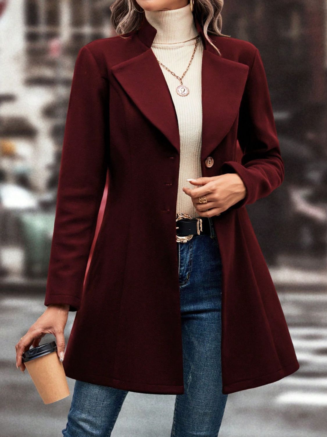 Collared Neck Button Up Long Sleeve Coat-Angel Casuals