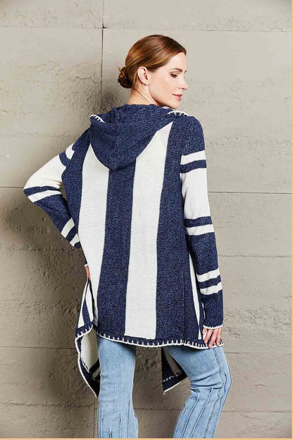 Woven Right Striped Open Front Hooded Cardigan-Angel Casuals