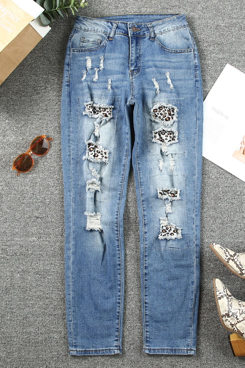 Leopard Distressed Pocketed Straight Jeans-Angel Casuals