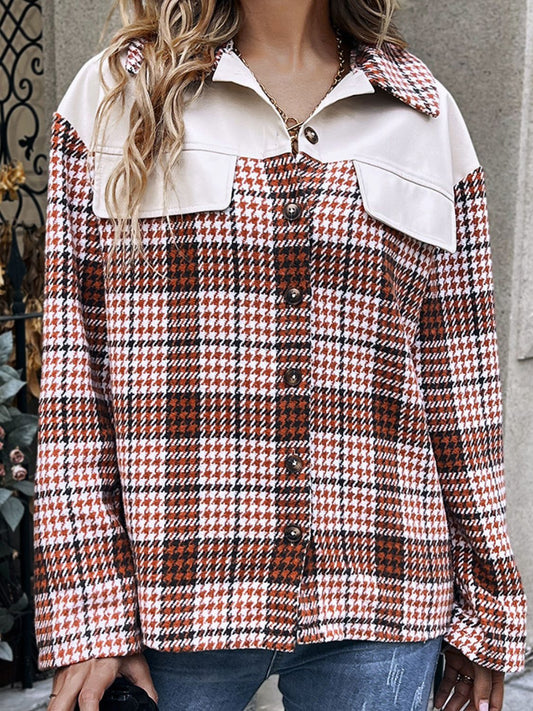 Plaid Collared Neck Drop Shoulder Jacket-Angel Casuals