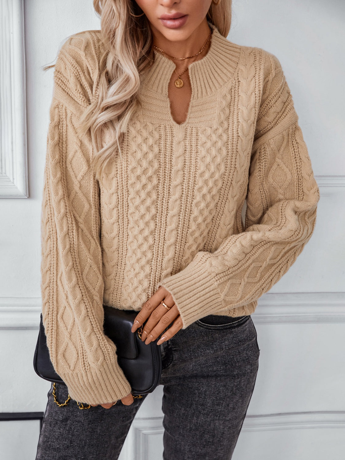 Cable-Knit Notched Long Sleeve Sweater-Angel Casuals