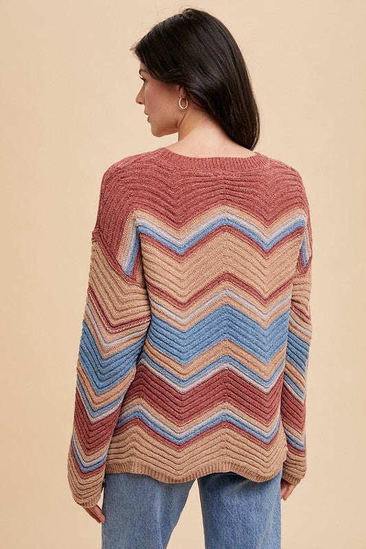 Annie Wear Multi Color Zig-Zag Round Neck Sweater-Angel Casuals