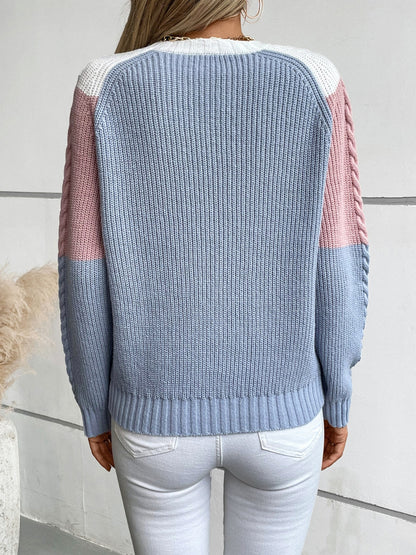 Color Block Round Neck Long Sleeve Sweater-Angel Casuals