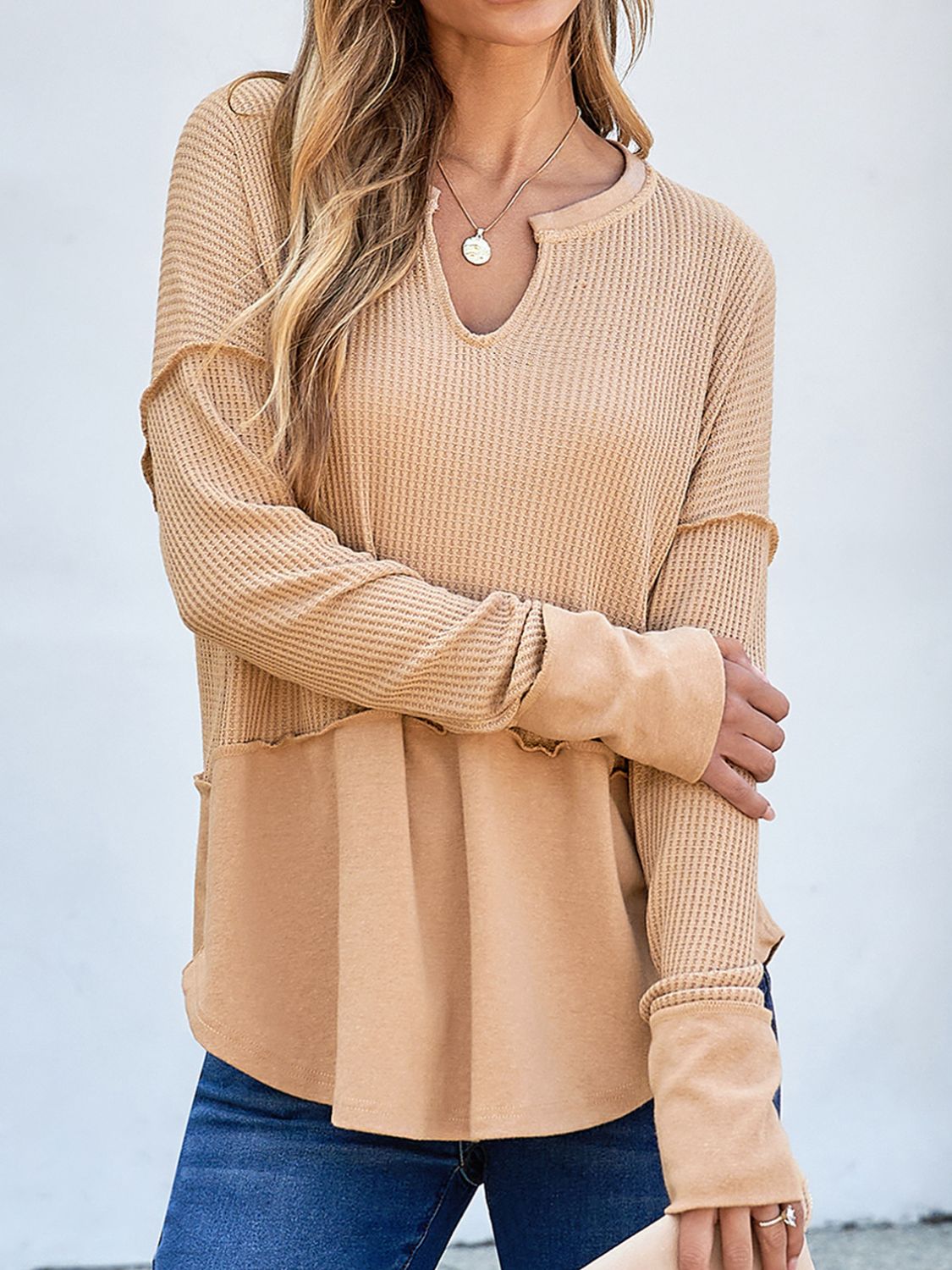 Waffle-Knit Notched Long Sleeve T-Shirt-Angel Casuals