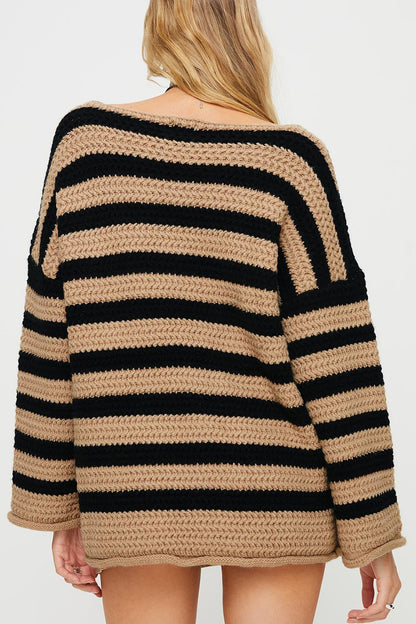 Striped Round Neck Dropped Shoulder Sweater-Angel Casuals