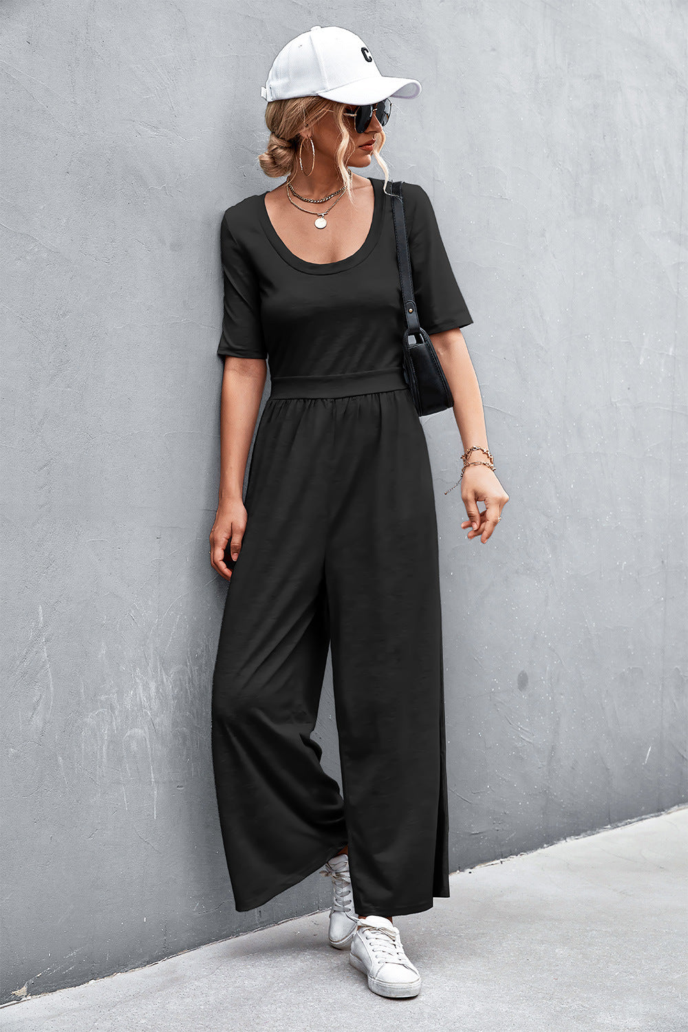 Scoop Neck Half Sleeve Wide Leg Jumpsuit-Angel Casuals