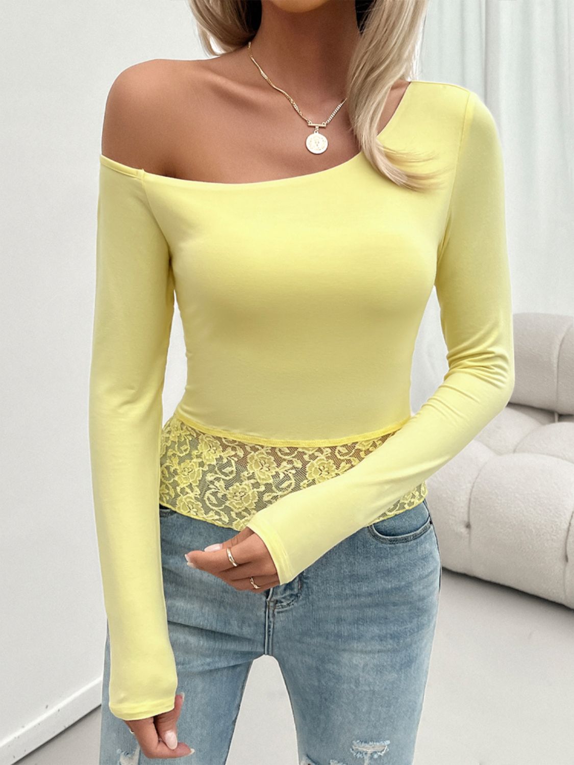 Devine Single Shoulder Long Sleeve Lace T-Shirt-Angel Casuals