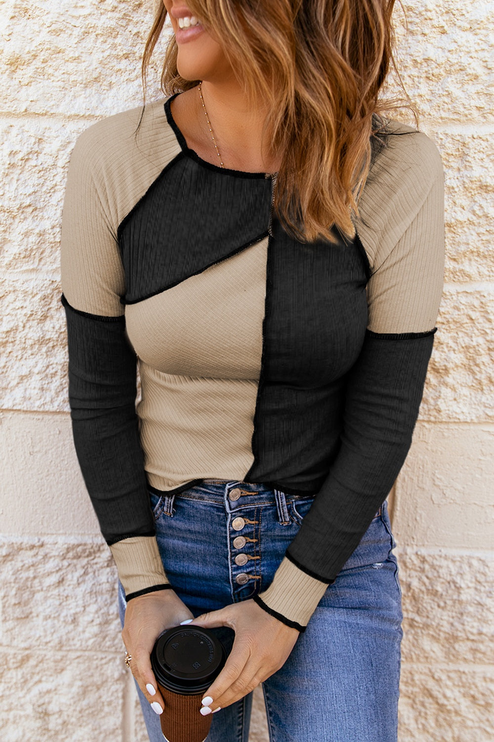 Color Block Round Neck Long Sleeve T-Shirt-Angel Casuals