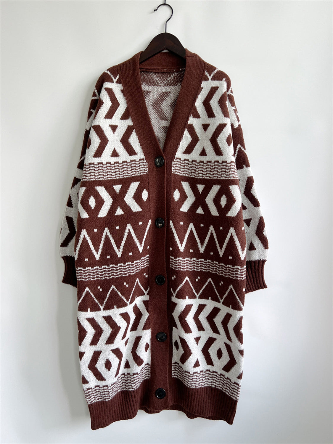 Geometric Button Front Longline Cardigan-Angel Casuals