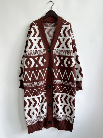 Geometric Button Front Longline Cardigan-Angel Casuals