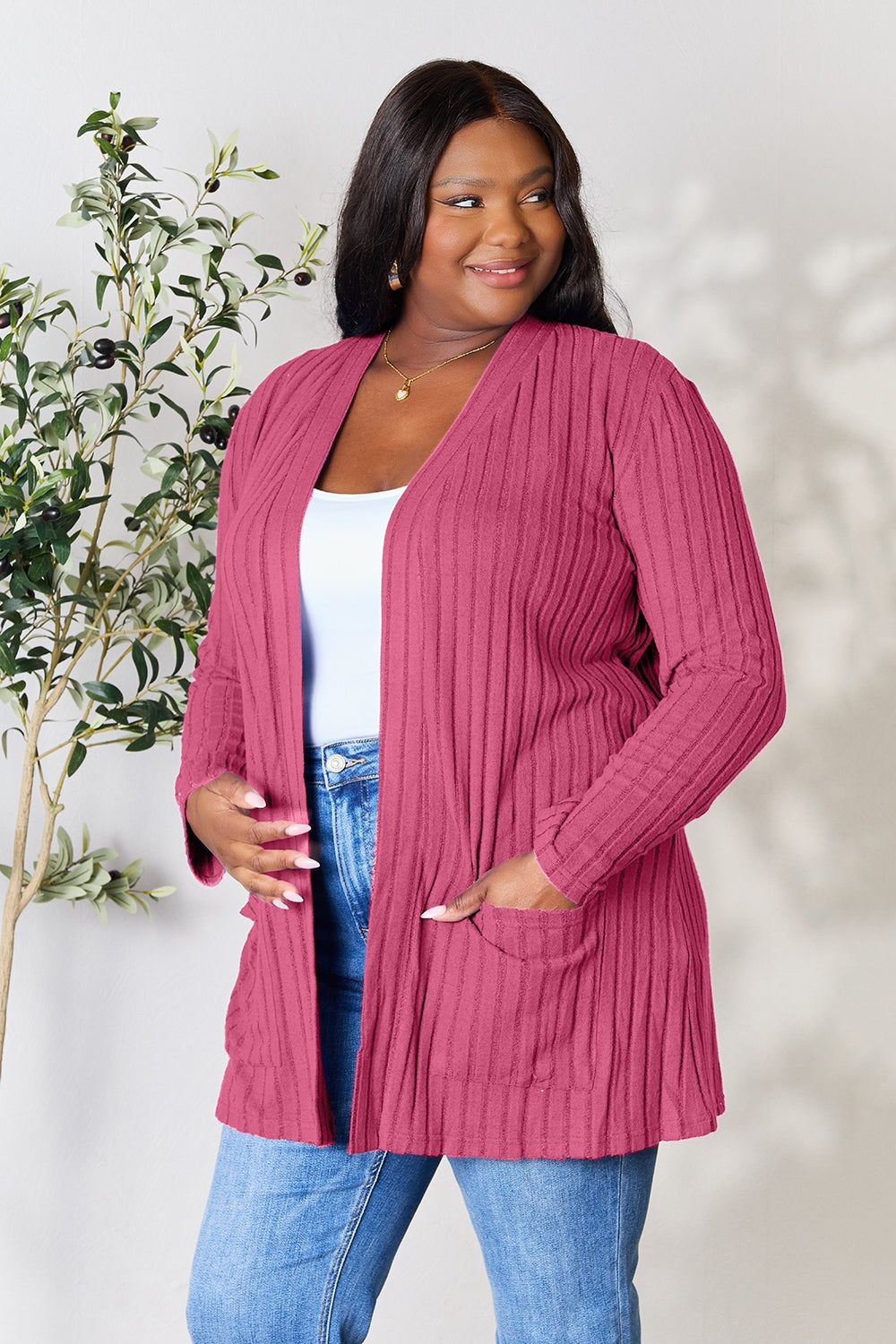 Basic Bae Full Size Ribbed Open Front Cardigan with Pockets-Angel Casuals