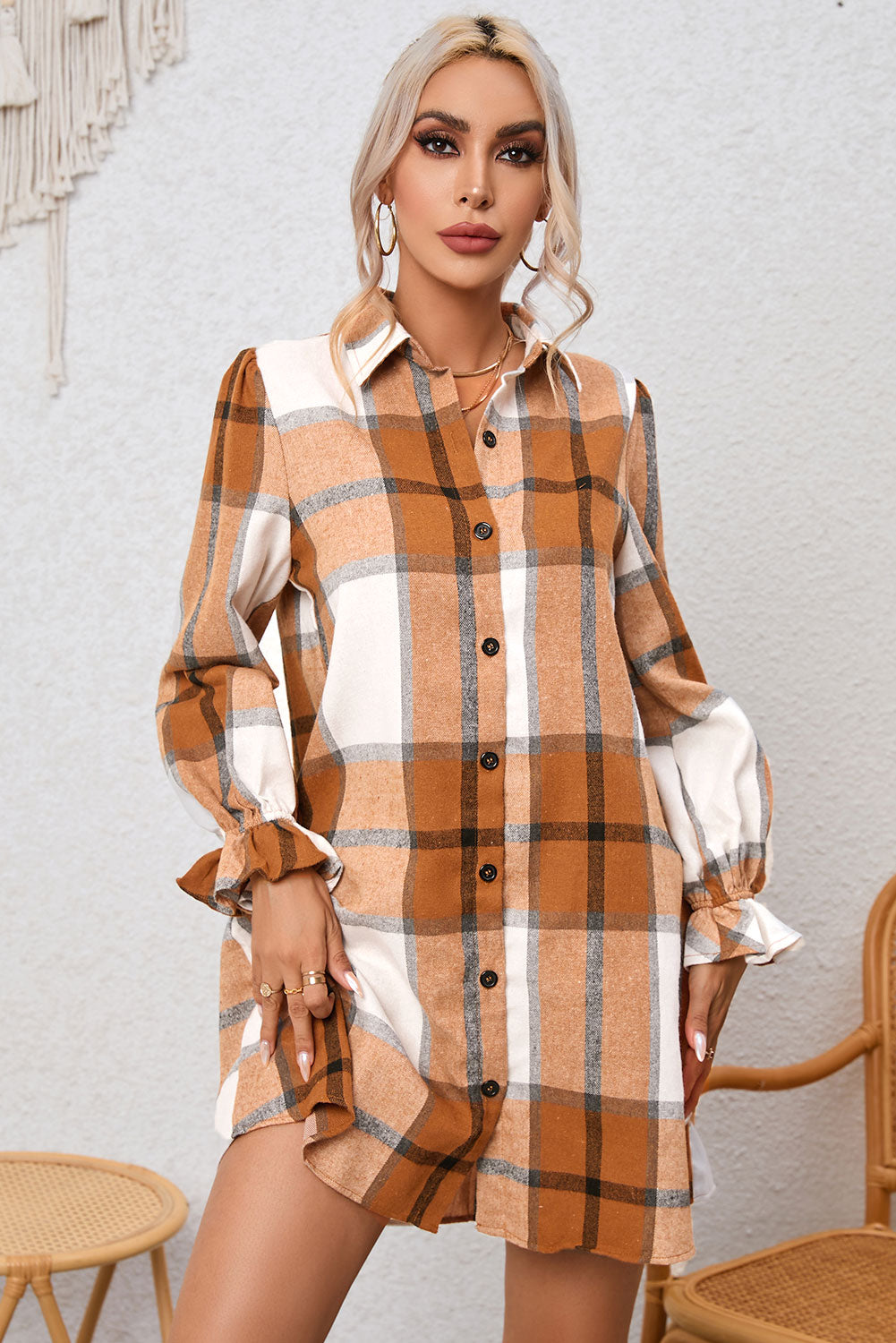 Plaid Collared Neck Flounce Sleeve Shirt Dress-Angel Casuals