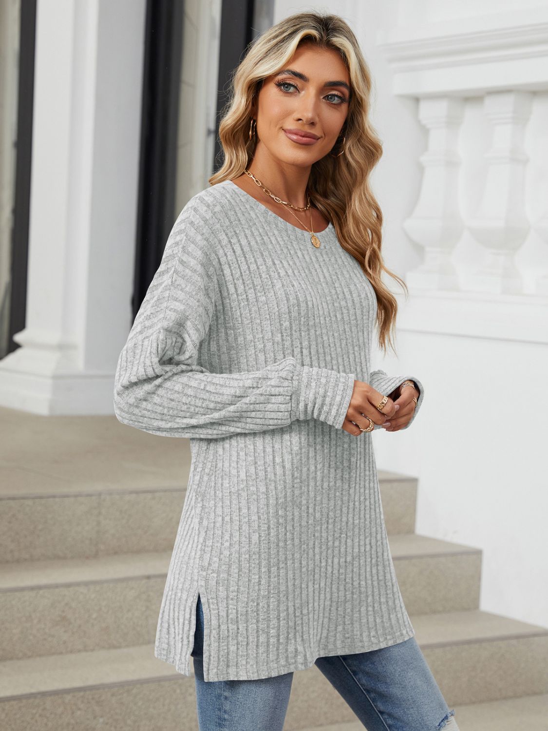 Ribbed Round Neck Long Sleeve T-Shirt-Angel Casuals