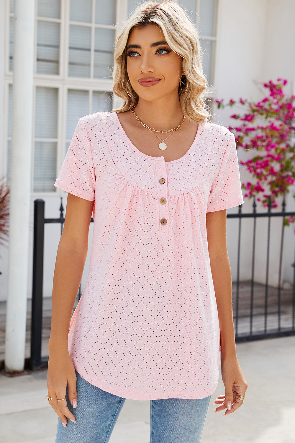 Eyelet Quarter Button Short Sleeve T-Shirt-Angel Casuals