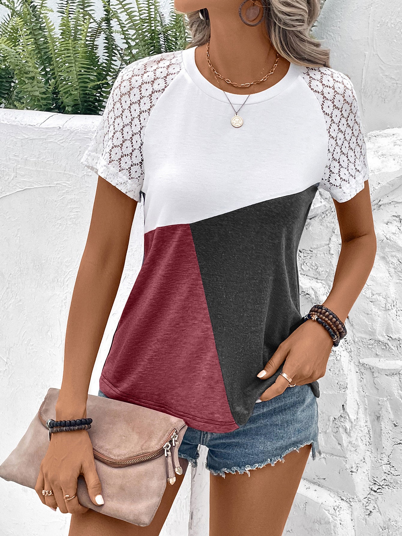 Color Block Raglan Sleeve Round Neck Tee-Angel Casuals