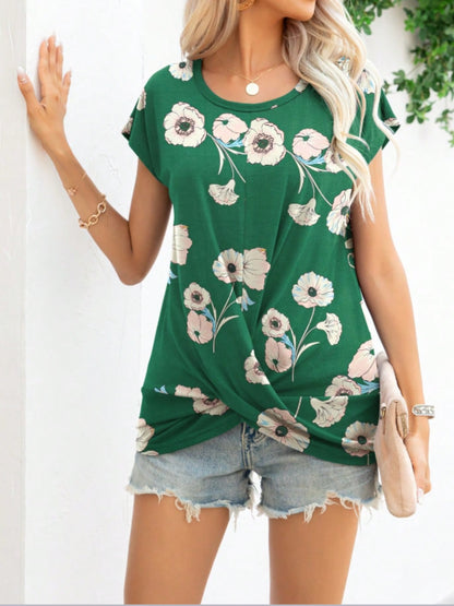 Printed Round Neck Short Sleeve T-Shirt-Angel Casuals