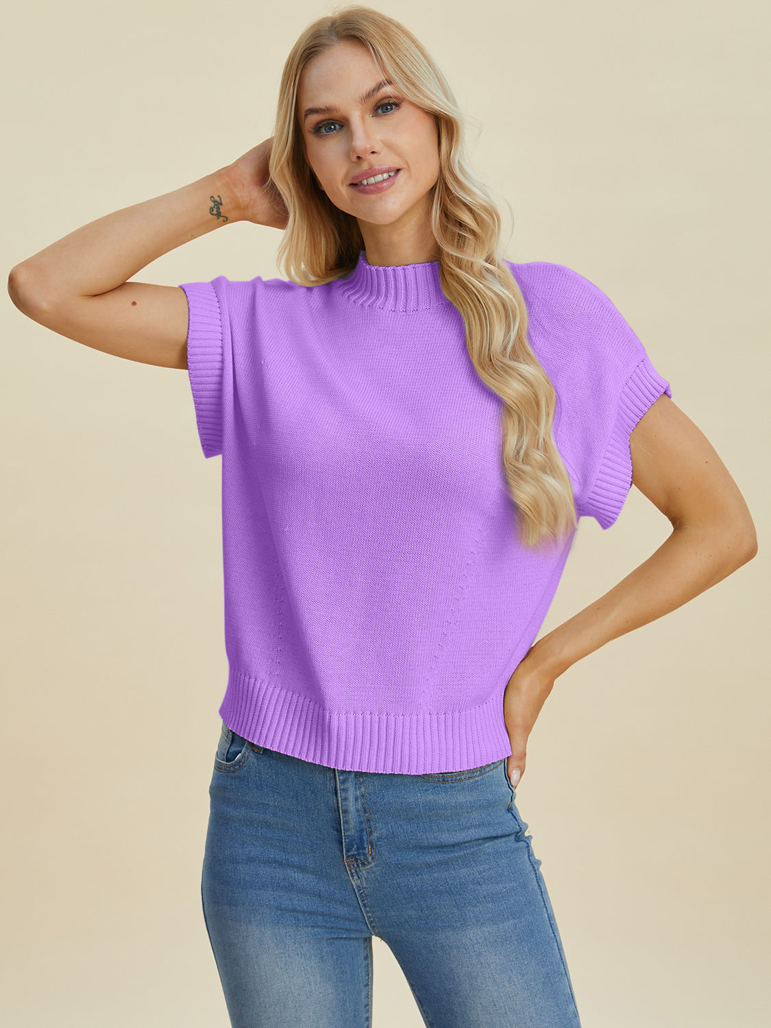 Double Take Full Size Mock Neck Short Sleeve Sweater-Angel Casuals