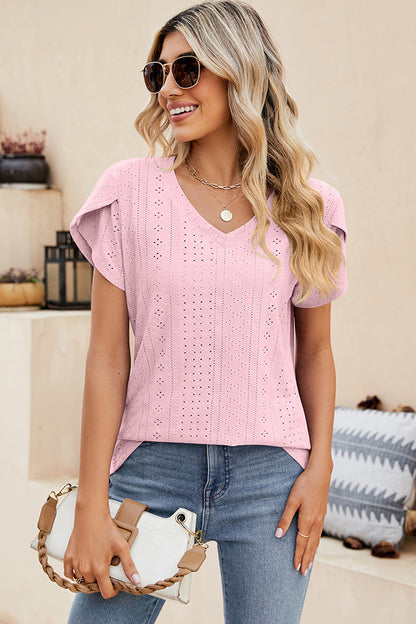 Eyelet V-Neck Petal Sleeve T-Shirt-Angel Casuals