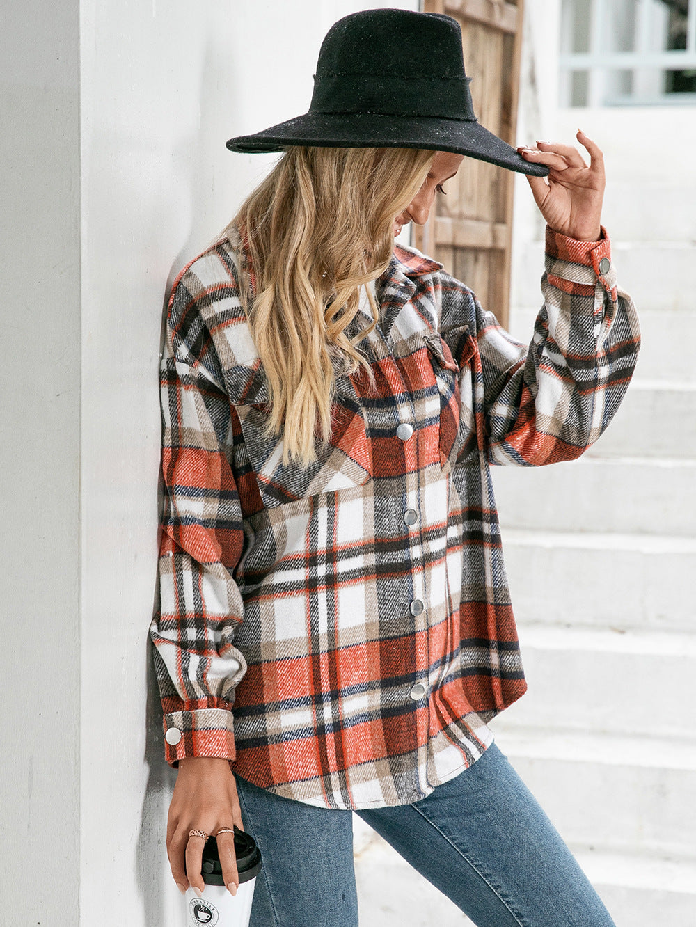 Meet You Outside Plaid Button Down Curved Hem Shacket-Angel Casuals