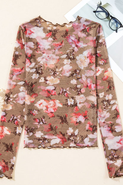 Floral Mock Neck Long Sleeve Sheer Top-Angel Casuals