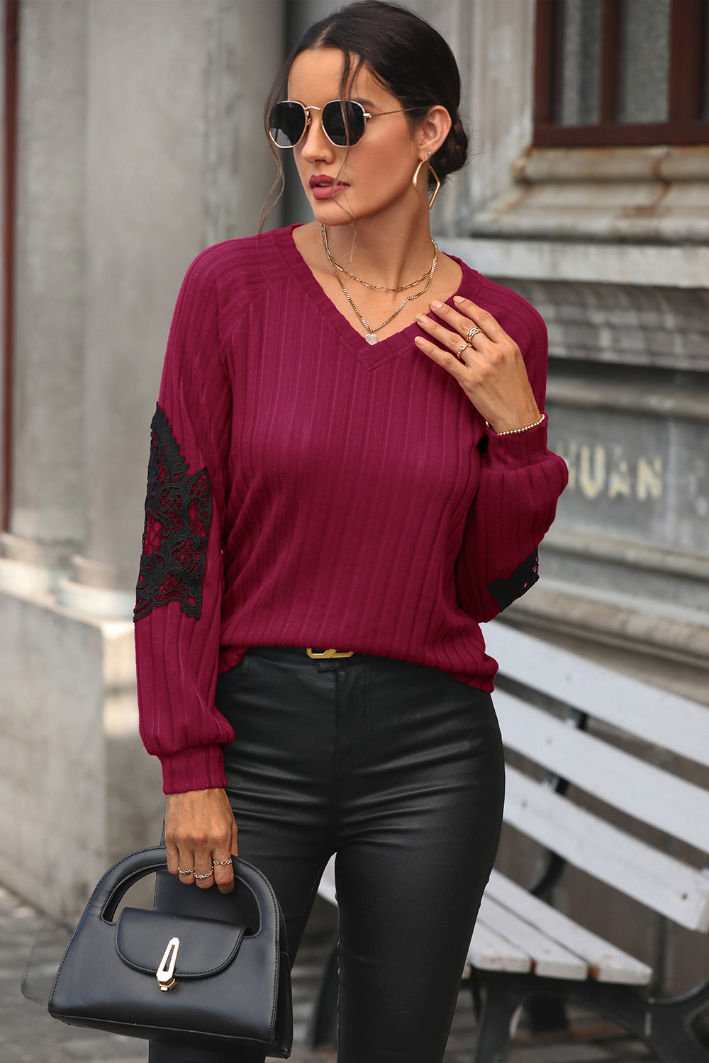 Perfee Ribbed Lace Detail V-Neck Sweater-Angel Casuals