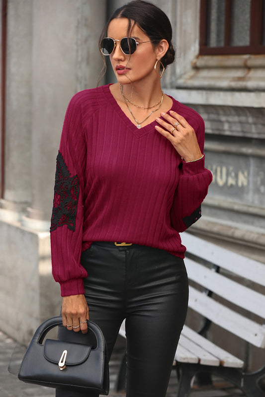 Perfee Ribbed Lace Detail V-Neck Sweater-Angel Casuals