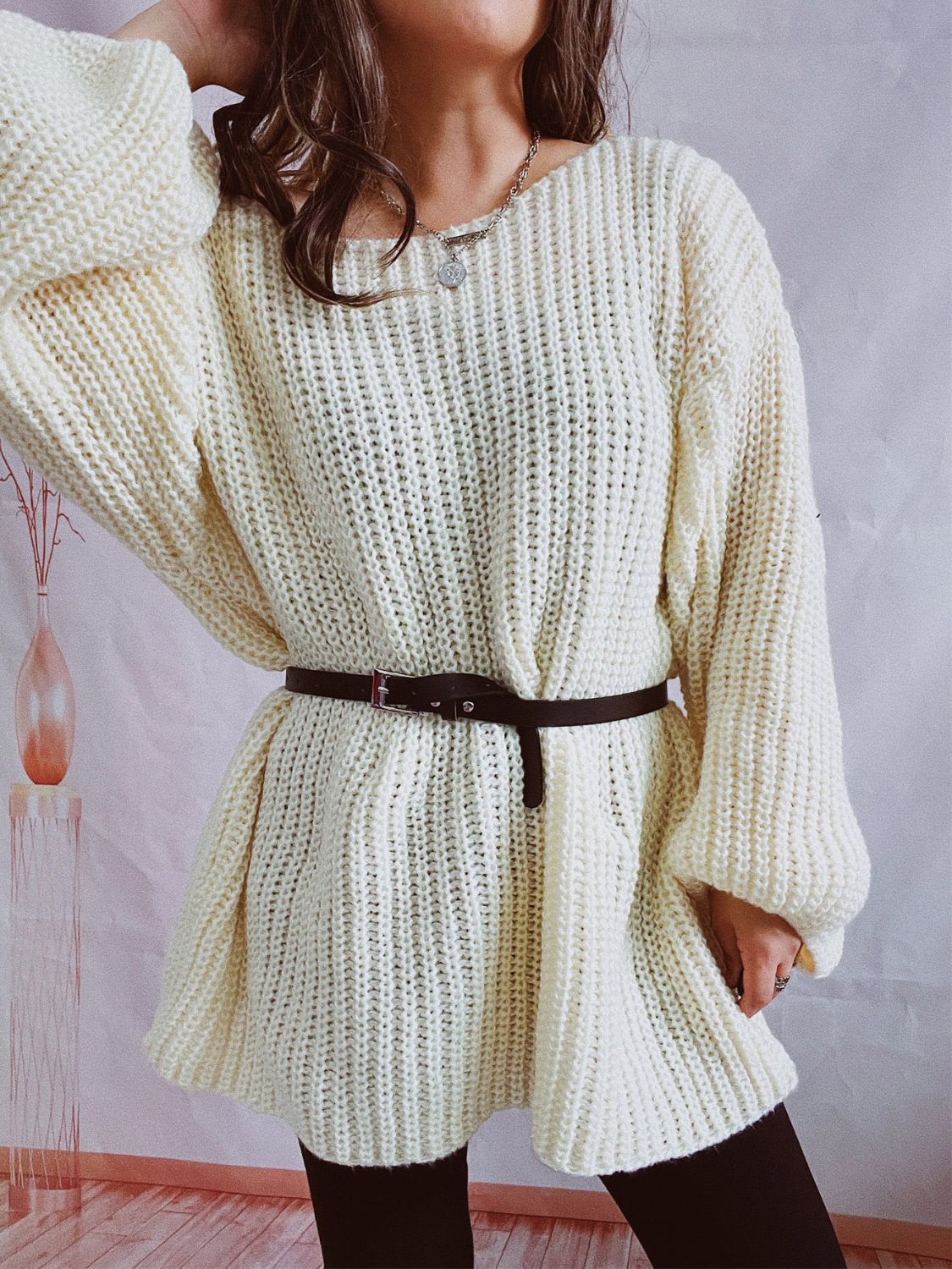 Boat Neck Long Sleeve Sweater with Belt-Angel Casuals