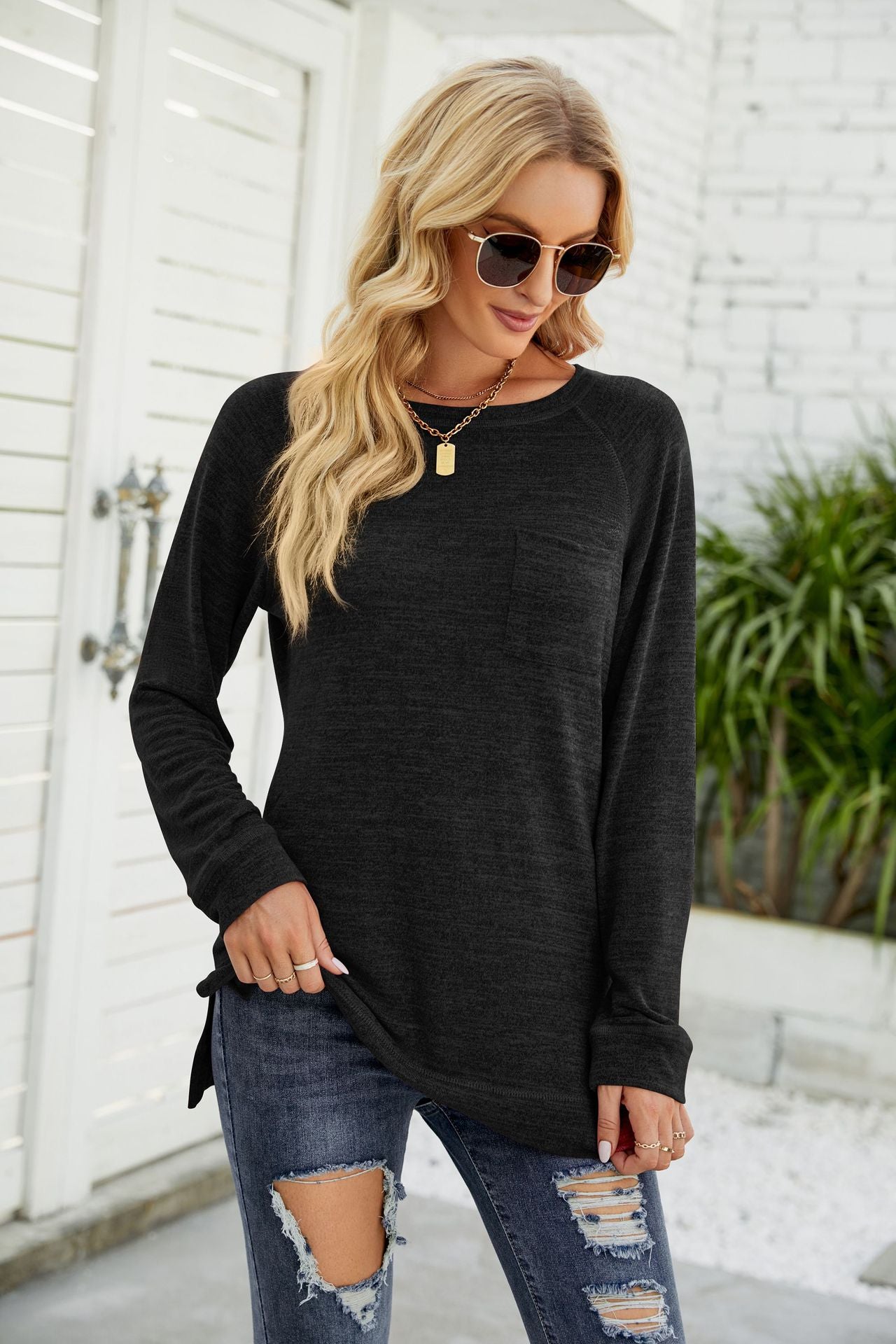 Heathered Slit Long Raglan Sleeve Top-Angel Casuals