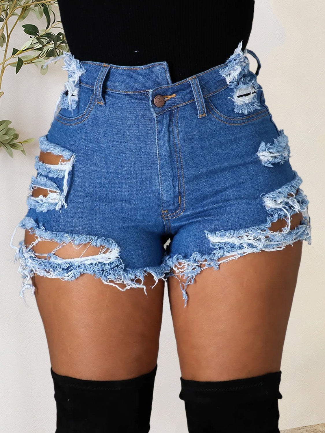 Distressed Raw Hem Denim Shorts with Pockets-Angel Casuals