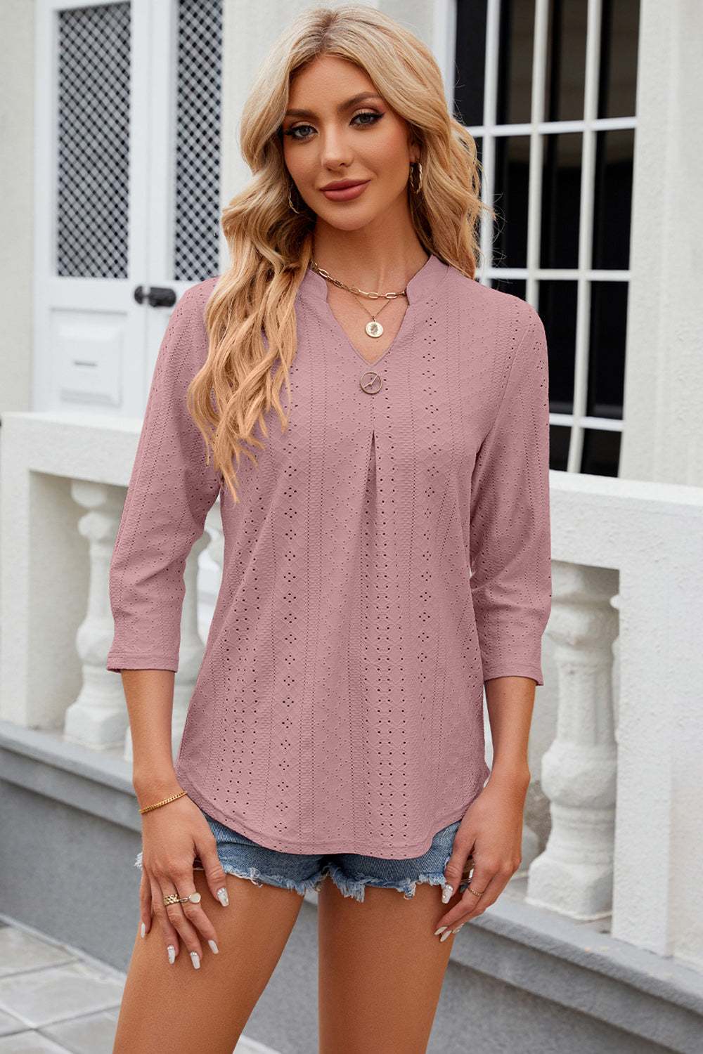 Eyelet Notched Knit Jacquard Top-Angel Casuals