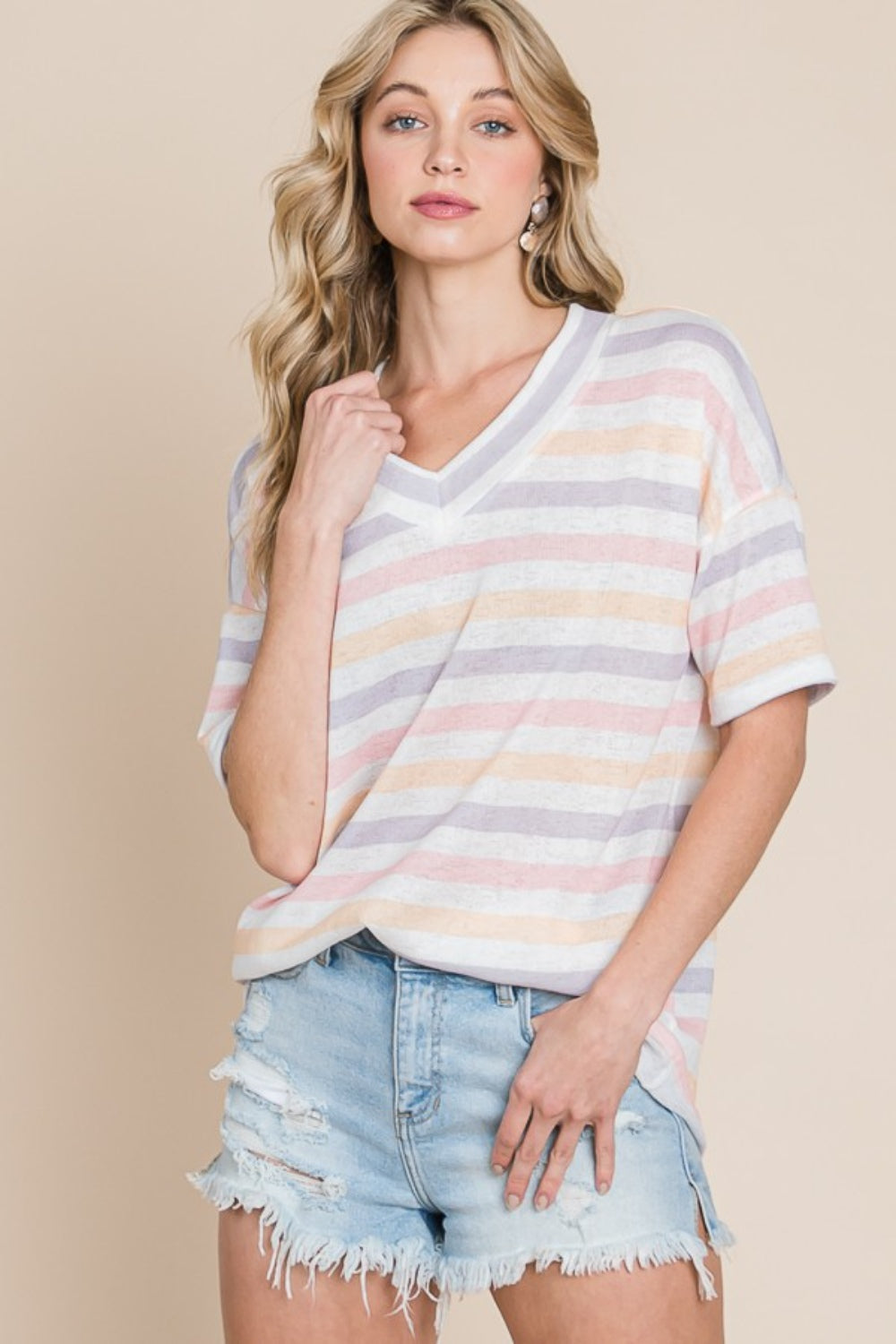 BOMBOM Striped V-Neck Short Sleeve T-Shirt-Angel Casuals