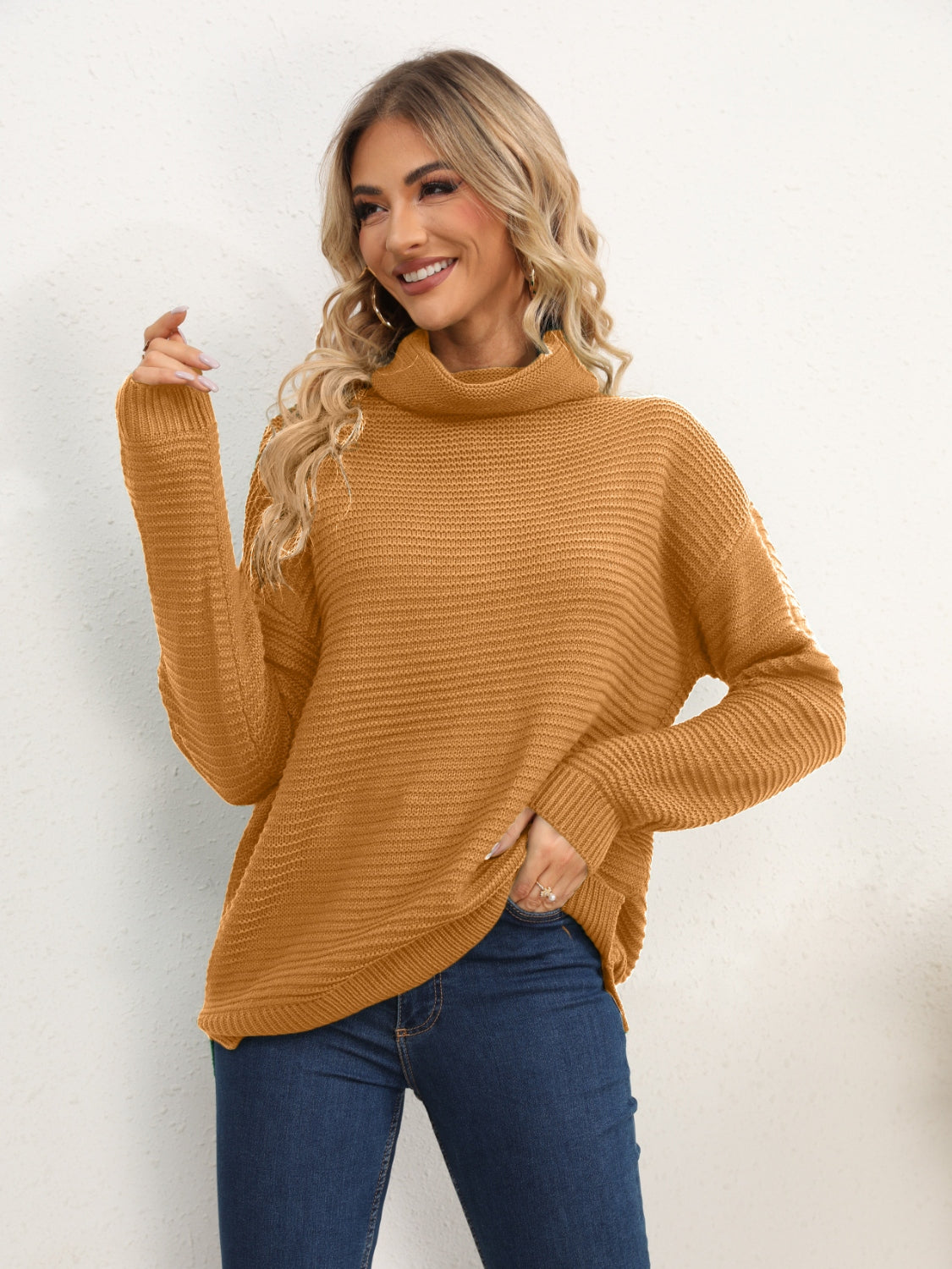 Slit Turtleneck Dropped Shoulder Sweater-Angel Casuals