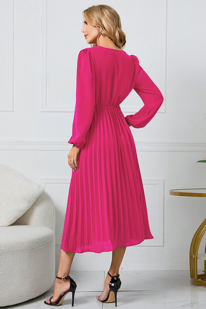 V-Neck Long Sleeve Tie Waist Midi Dress-Angel Casuals