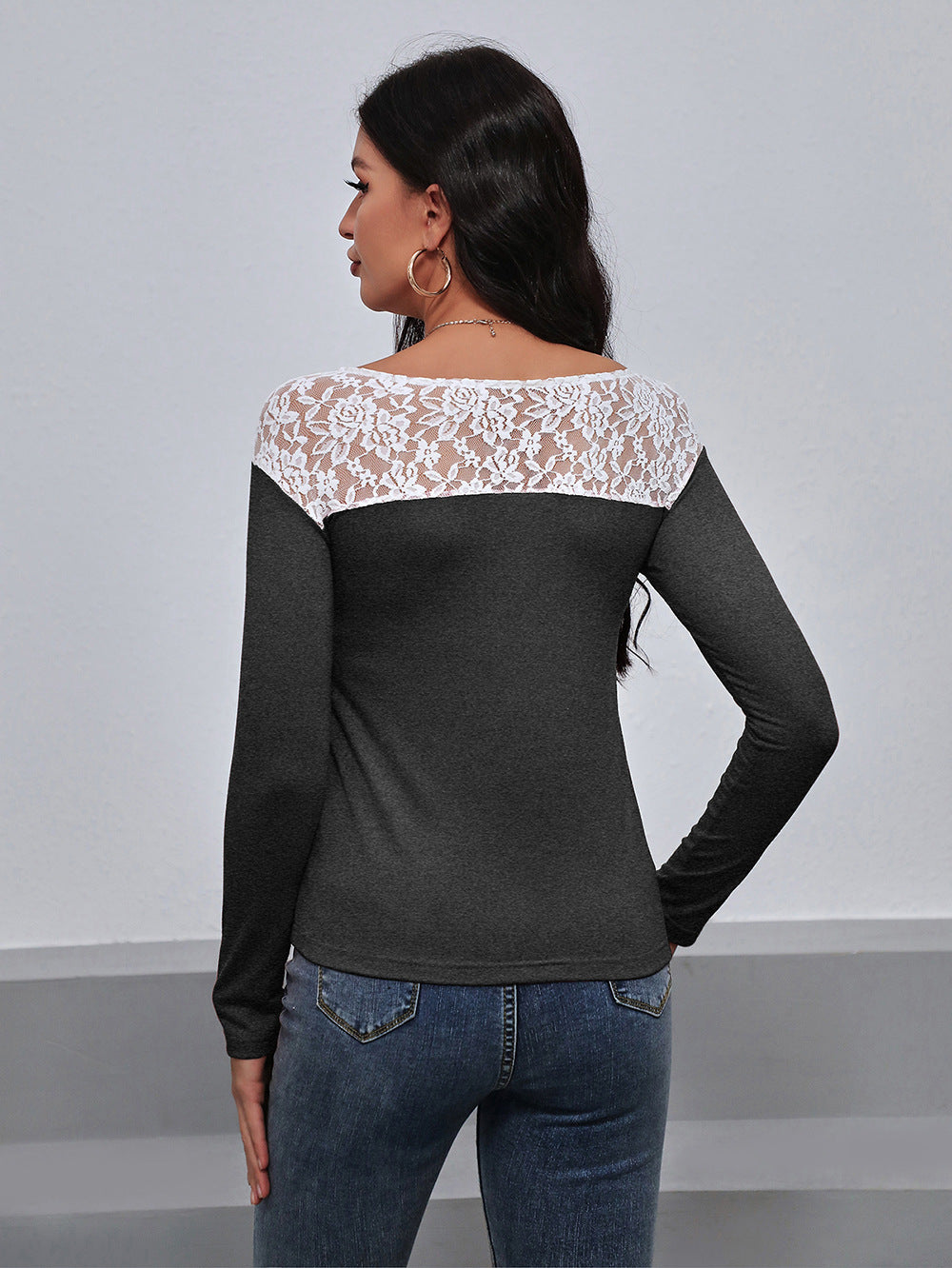 Lace Trim Long Sleeve Round Neck Tee-Angel Casuals