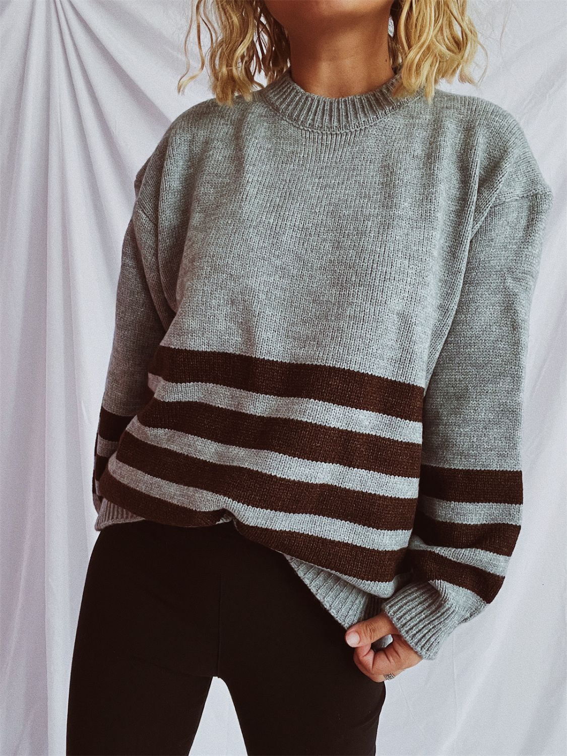 Striped Dropped Shoulder Long Sleeve Sweater-Angel Casuals