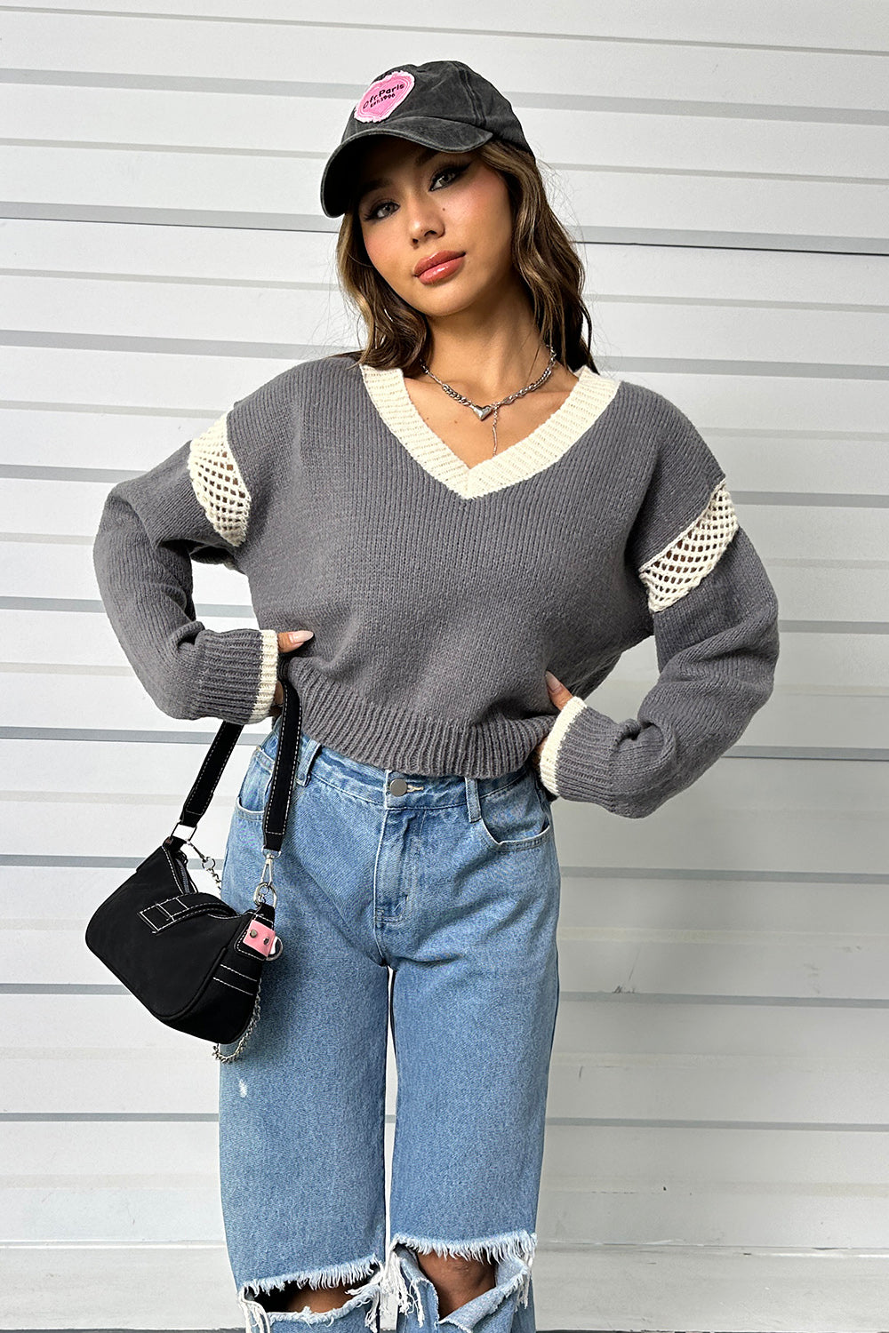 Contrast Openwork Long Sleeve V-Neck Sweater-Angel Casuals