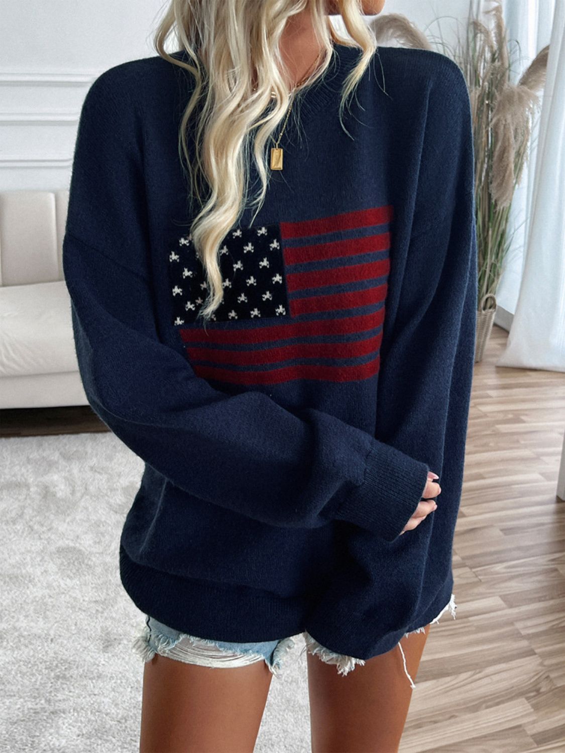 Devine US Flag Round Neck Long Sleeve Knit Top-Angel Casuals