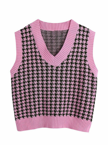 Houndstooth V-Neck Sweater Vest-Angel Casuals