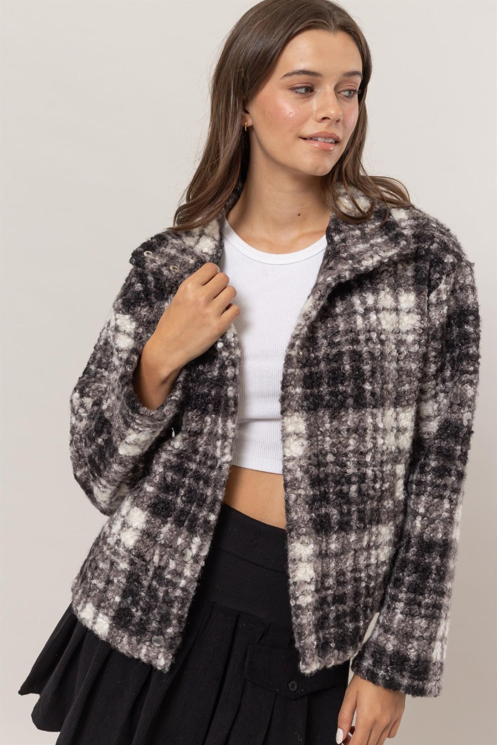 HYFVE Plaid Collared Neck Boucle Jacket with Pockets-Angel Casuals