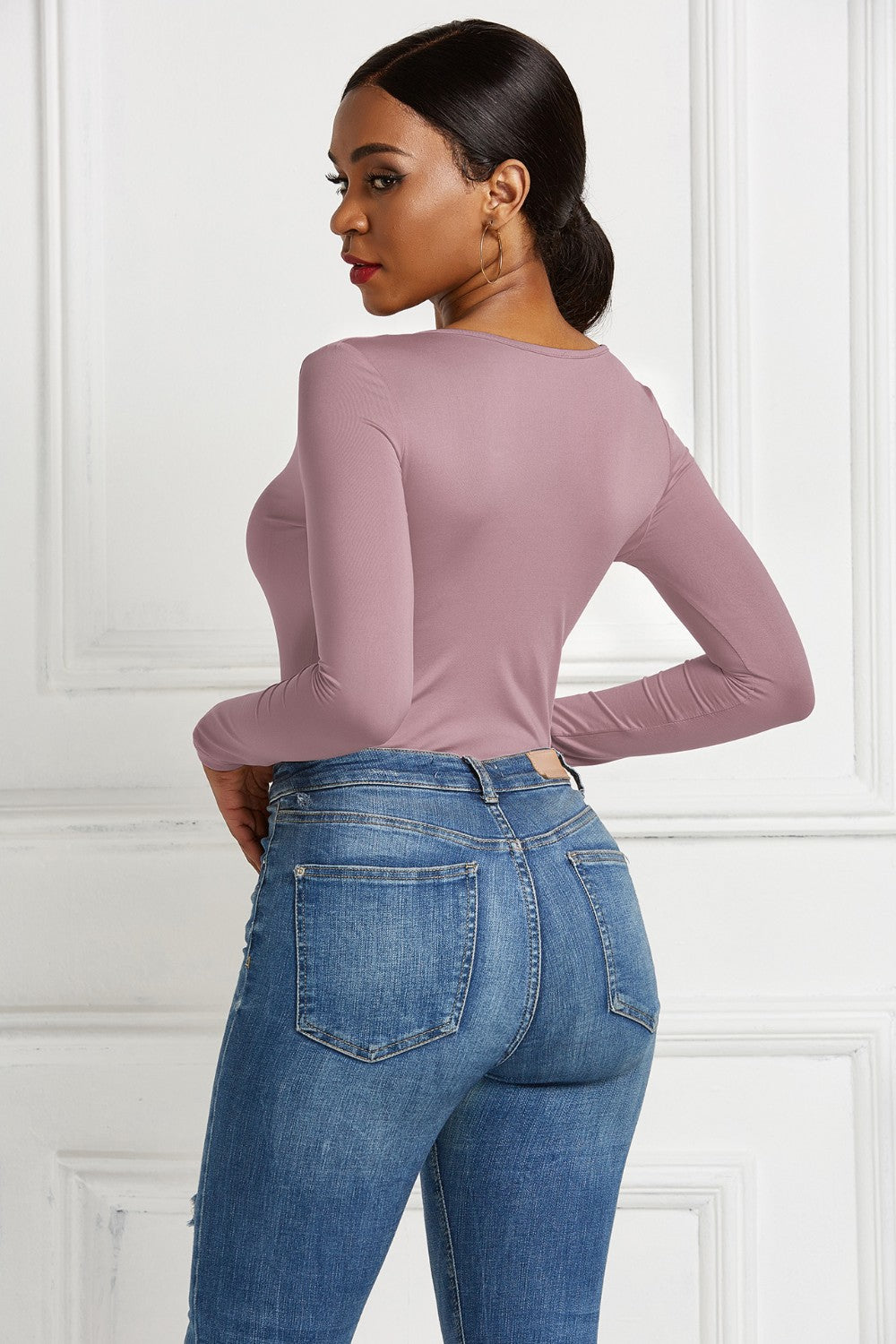 Half Zip Scoop Neck Long Sleeve Bodysuit-Angel Casuals