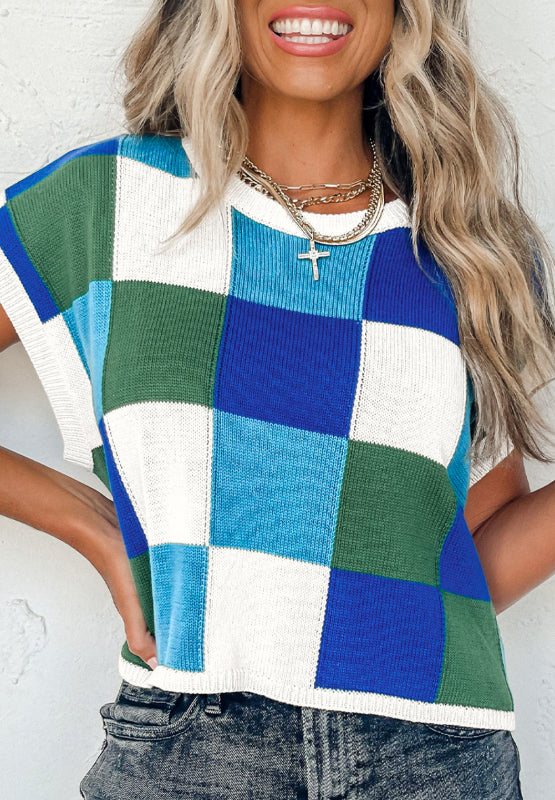 Contrast Plaid Round Neck Cap Sleeve Sweater-Angel Casuals