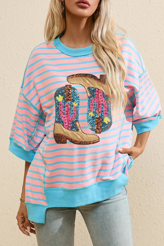 Boots Striped Round Neck Half Sleeve T-Shirt-Angel Casuals