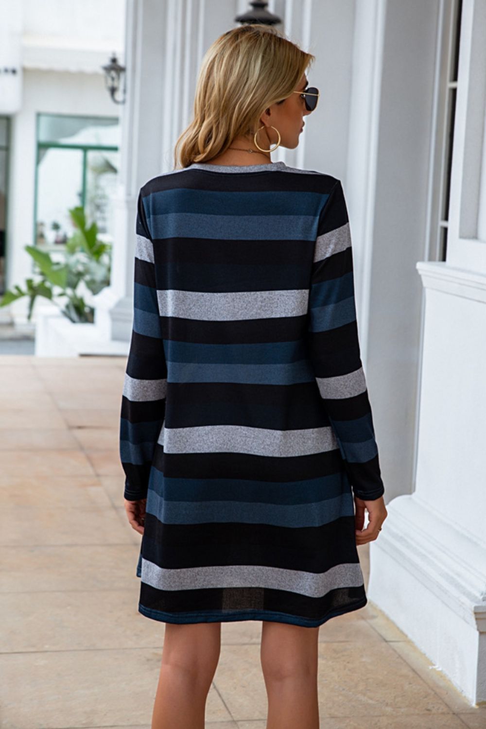 Striped Round Neck Long Sleeve Dress-Angel Casuals