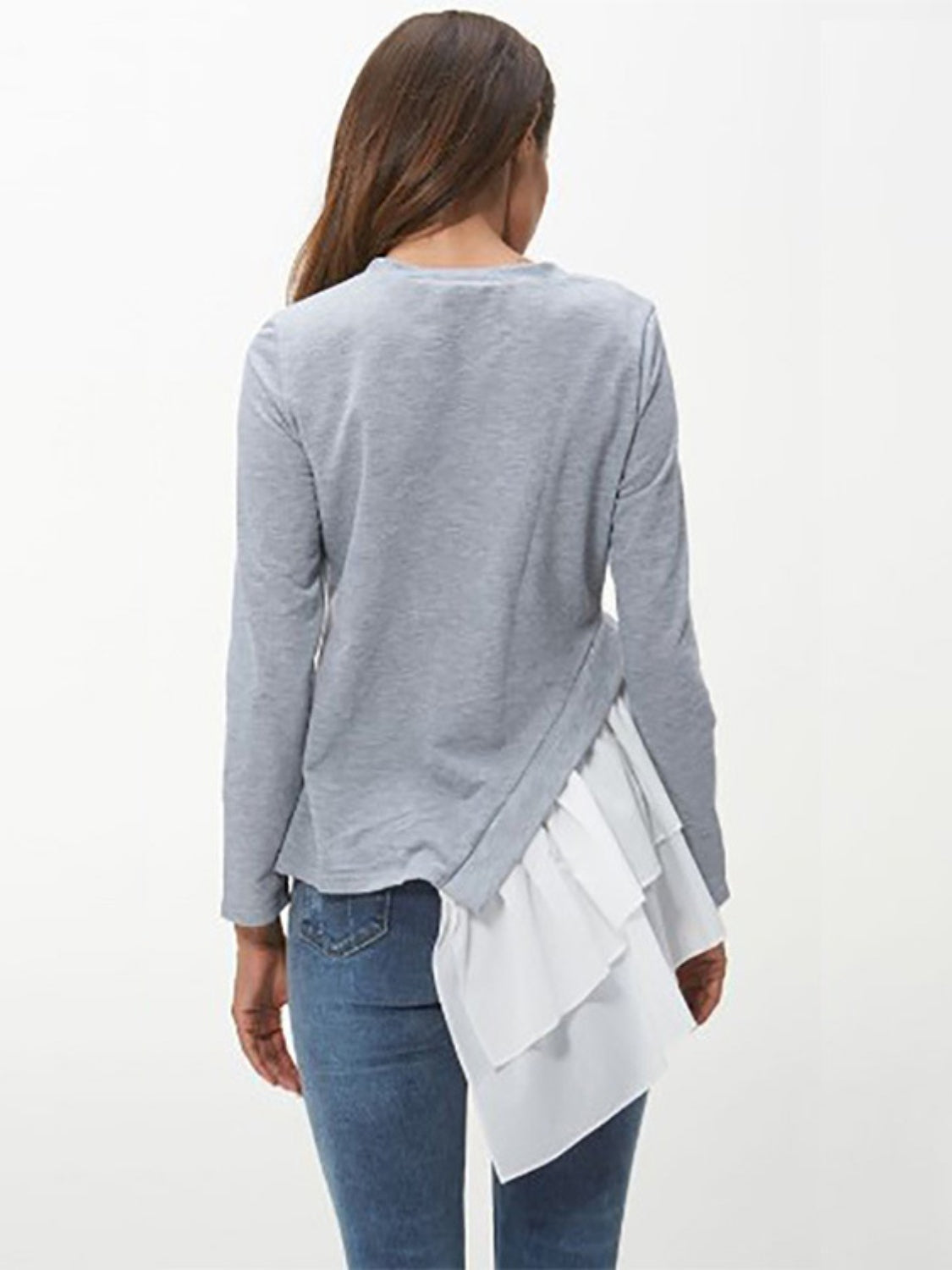 Tiered Contrast Round Neck Long Sleeve T-Shirt-Angel Casuals