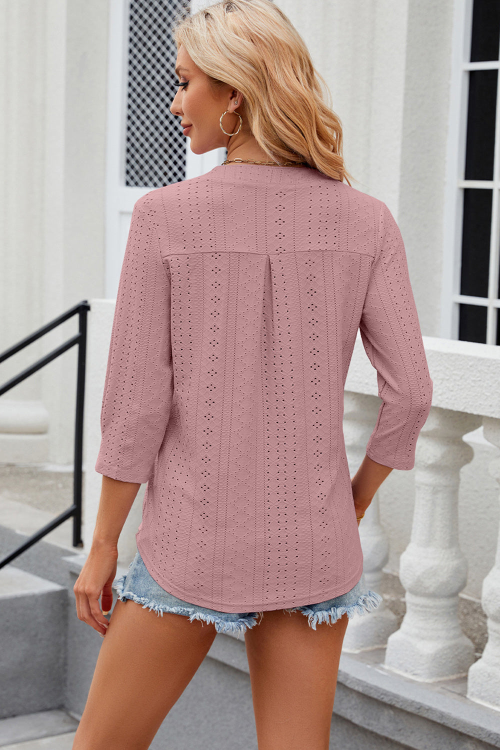 Eyelet Notched Knit Jacquard Top-Angel Casuals