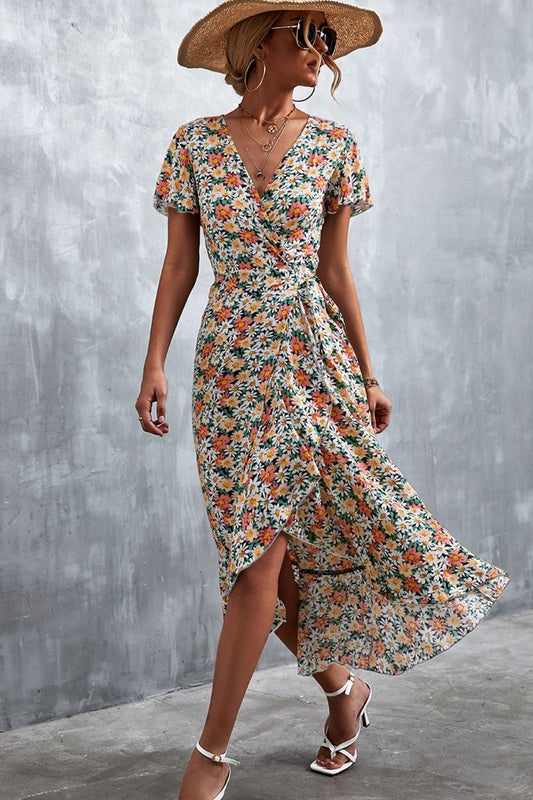 Floral Surplice Neck Tied Midi Dress-Angel Casuals