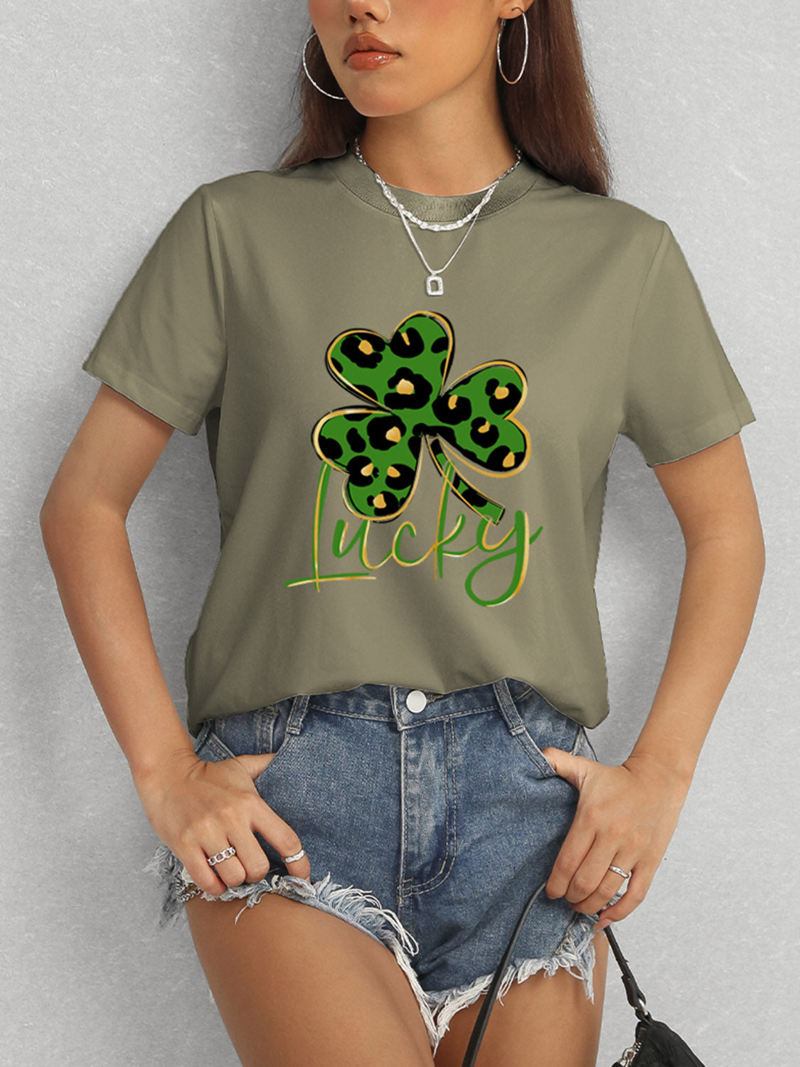 Lucky Clover Round Neck Short Sleeve T-Shirt-Angel Casuals